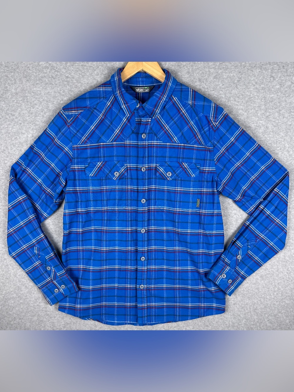 Stio Junction Midweight Flannel Shirt Mens M Blue Plaid Organic Cotton